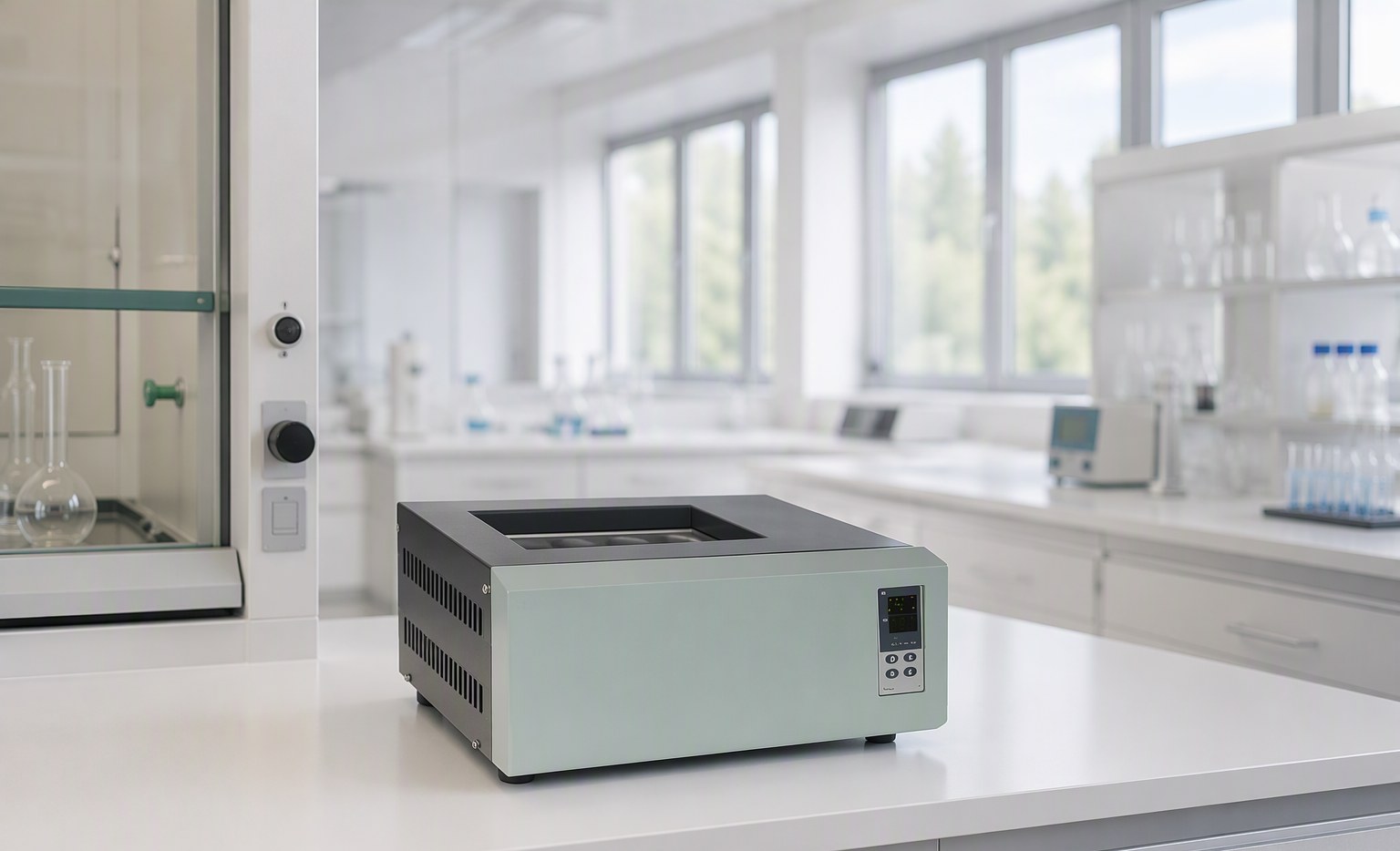 Gr08 automated graphite block digester on a laboratory bench
