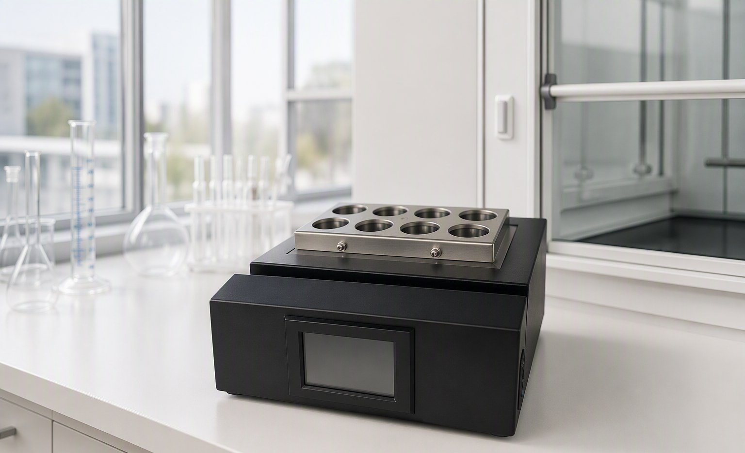 X08 automated aluminum block digester on a laboratory bench